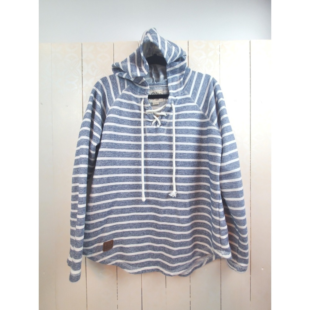 Striped Hoodie Cotton Lace Up Pullover Navy Cream